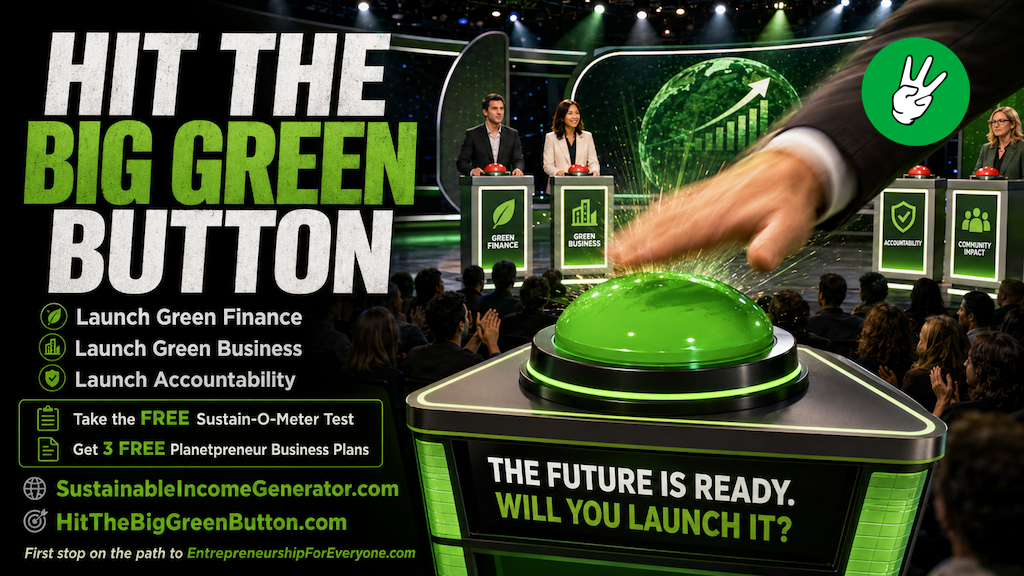 Game show stage with a giant green button being pressed