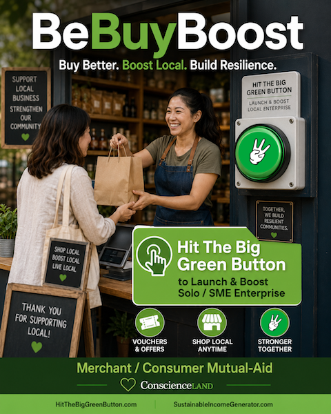 BeBuyBoost poster: buy better, boost local, build resilience, with a wall-mounted big green button in a local shop